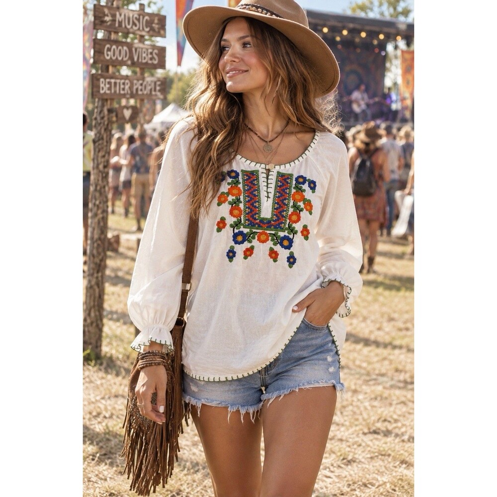 Boho Peasant Tunic Top Embroidered Long Sleeve By Step In Style Size M Festival